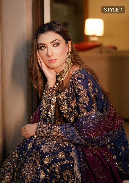 Luxurious medium silk outfit with rich embroidery, organza borders, jamawaar pants, and an embroidered silk dupatta. Styled as gharara or izhaar pants.