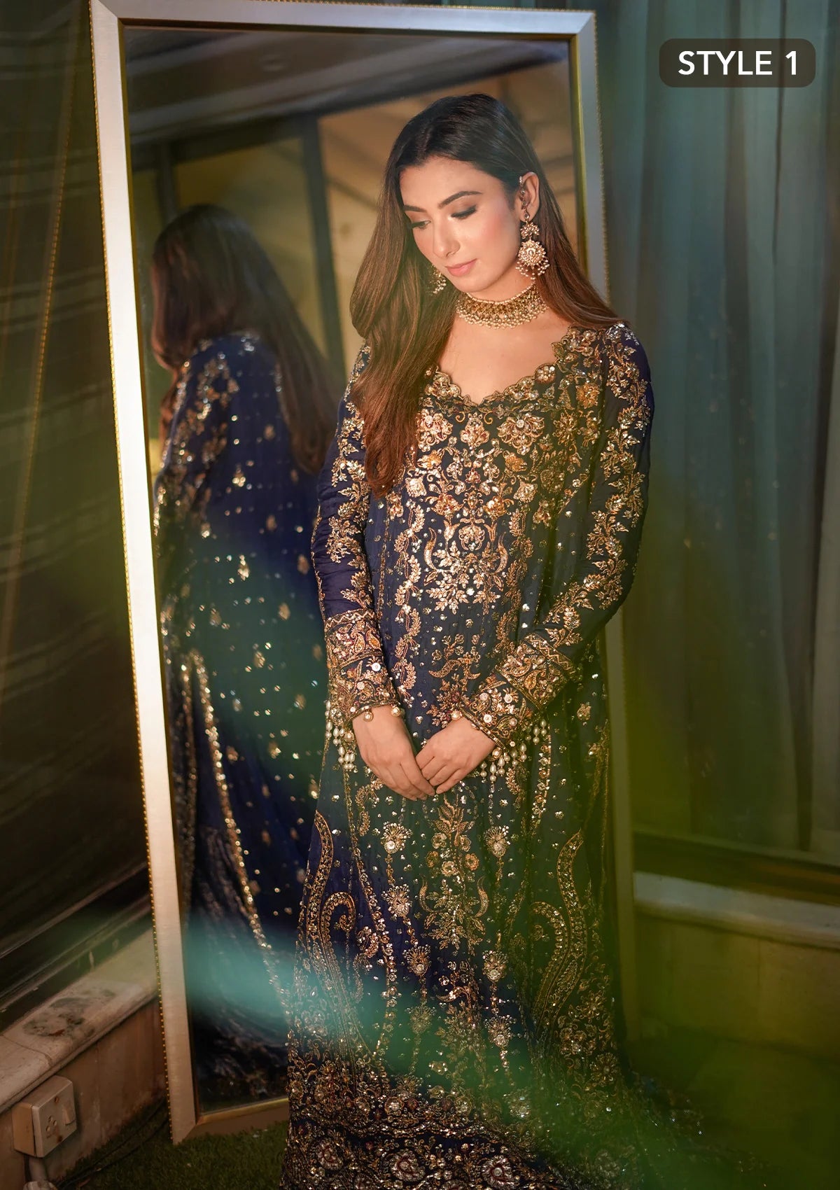 Luxurious medium silk outfit with rich embroidery, organza borders, jamawaar pants, and an embroidered silk dupatta. Styled as gharara or izhaar pants.