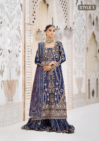 Luxurious medium silk outfit with rich embroidery, organza borders, jamawaar pants, and an embroidered silk dupatta. Styled as gharara or izhaar pants.