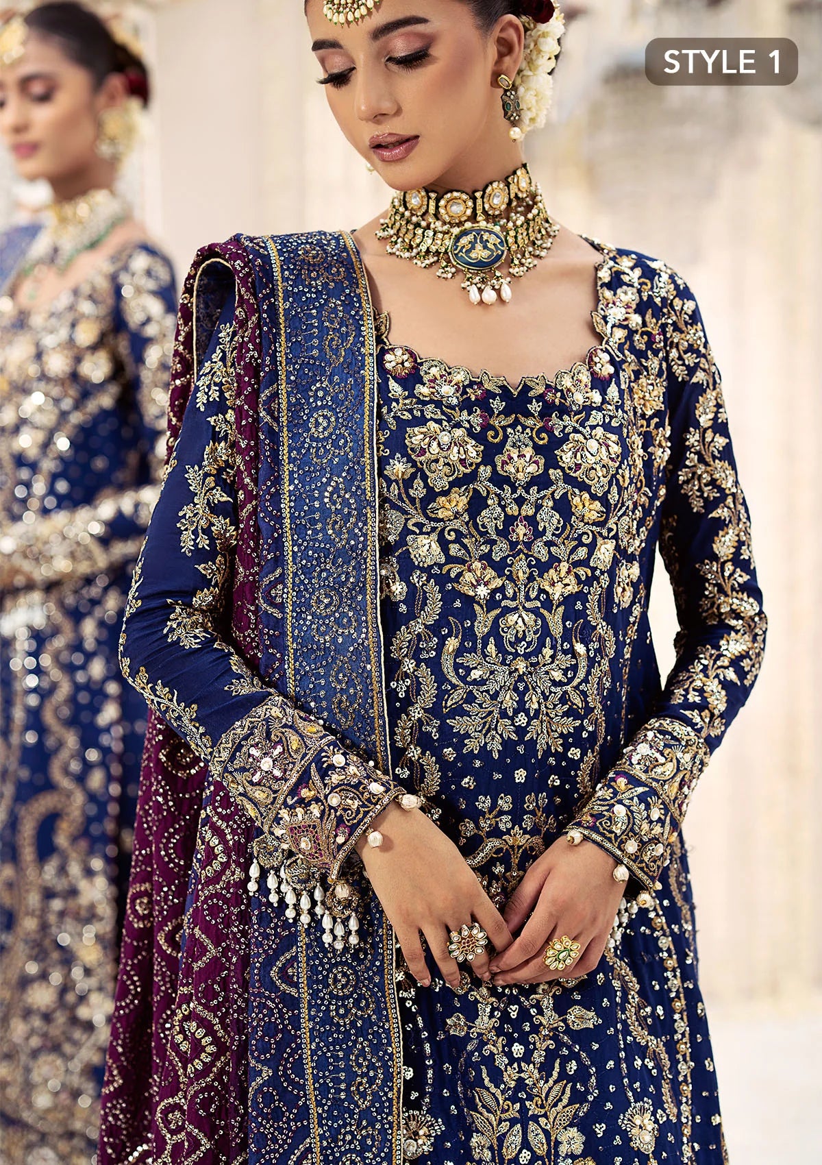 Luxurious medium silk outfit with rich embroidery, organza borders, jamawaar pants, and an embroidered silk dupatta. Styled as gharara or izhaar pants.