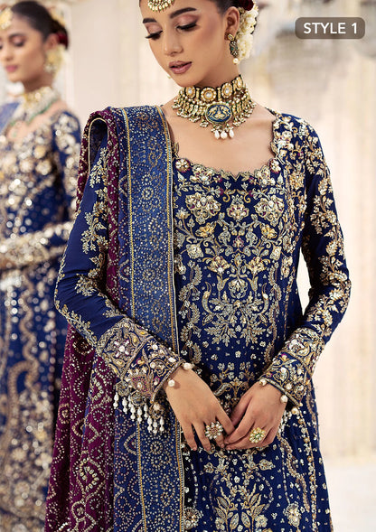 Luxurious medium silk outfit with rich embroidery, organza borders, jamawaar pants, and an embroidered silk dupatta. Styled as gharara or izhaar pants.