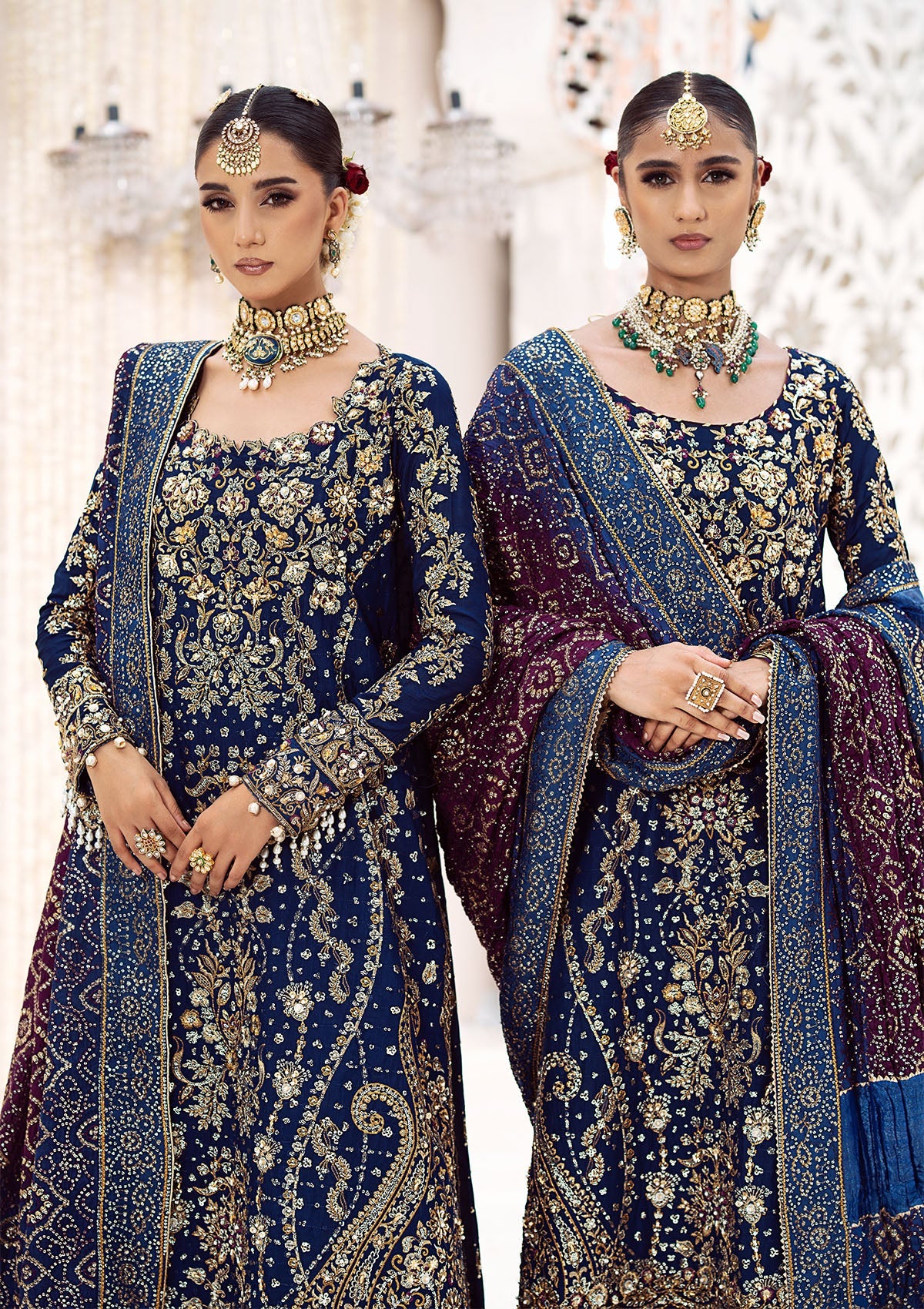 Luxurious medium silk outfit with rich embroidery, organza borders, jamawaar pants, and an embroidered silk dupatta. Styled as gharara or izhaar pants.