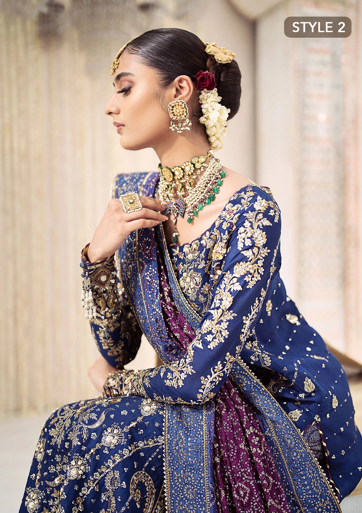 Luxurious medium silk outfit with rich embroidery, organza borders, jamawaar pants, and an embroidered silk dupatta. Styled as gharara or izhaar pants.