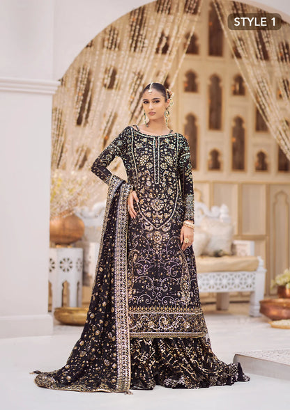Elegant khaadi net ensemble with embellished organza borders, masoori silk pants, and chiffon dupatta. Styled as long shirt with gharara or crushed frock style.