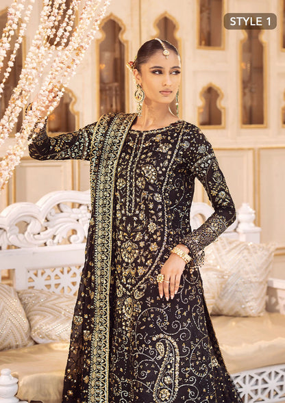 Elegant khaadi net ensemble with embellished organza borders, masoori silk pants, and chiffon dupatta. Styled as long shirt with gharara or crushed frock style.