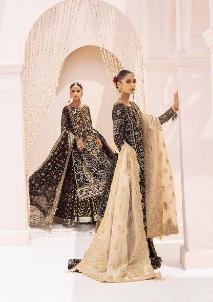 Elegant khaadi net ensemble with embellished organza borders, masoori silk pants, and chiffon dupatta. Styled as long shirt with gharara or crushed frock style.