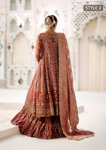 Graceful zari net ensemble with embellished bodice, organza borders, masoori silk pants, and an embroidered tissue dupatta. Styled as kalidaar frock with crushed farshi lehnga or angrakha with crushed sharara.