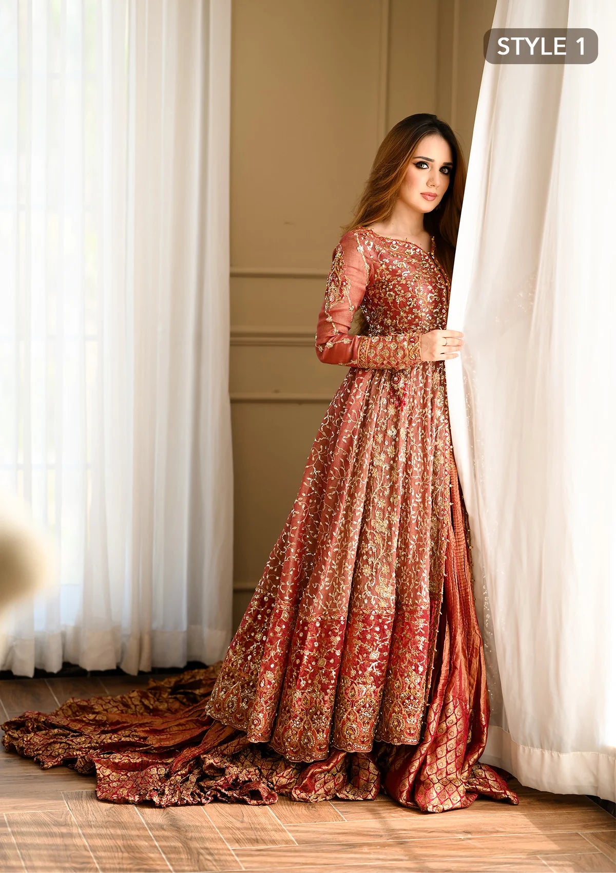 Graceful zari net ensemble with embellished bodice, organza borders, masoori silk pants, and an embroidered tissue dupatta. Styled as kalidaar frock with crushed farshi lehnga or angrakha with crushed sharara.