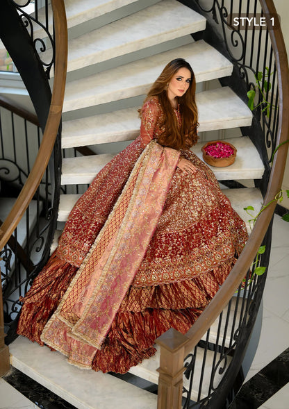 Graceful zari net ensemble with embellished bodice, organza borders, masoori silk pants, and an embroidered tissue dupatta. Styled as kalidaar frock with crushed farshi lehnga or angrakha with crushed sharara.