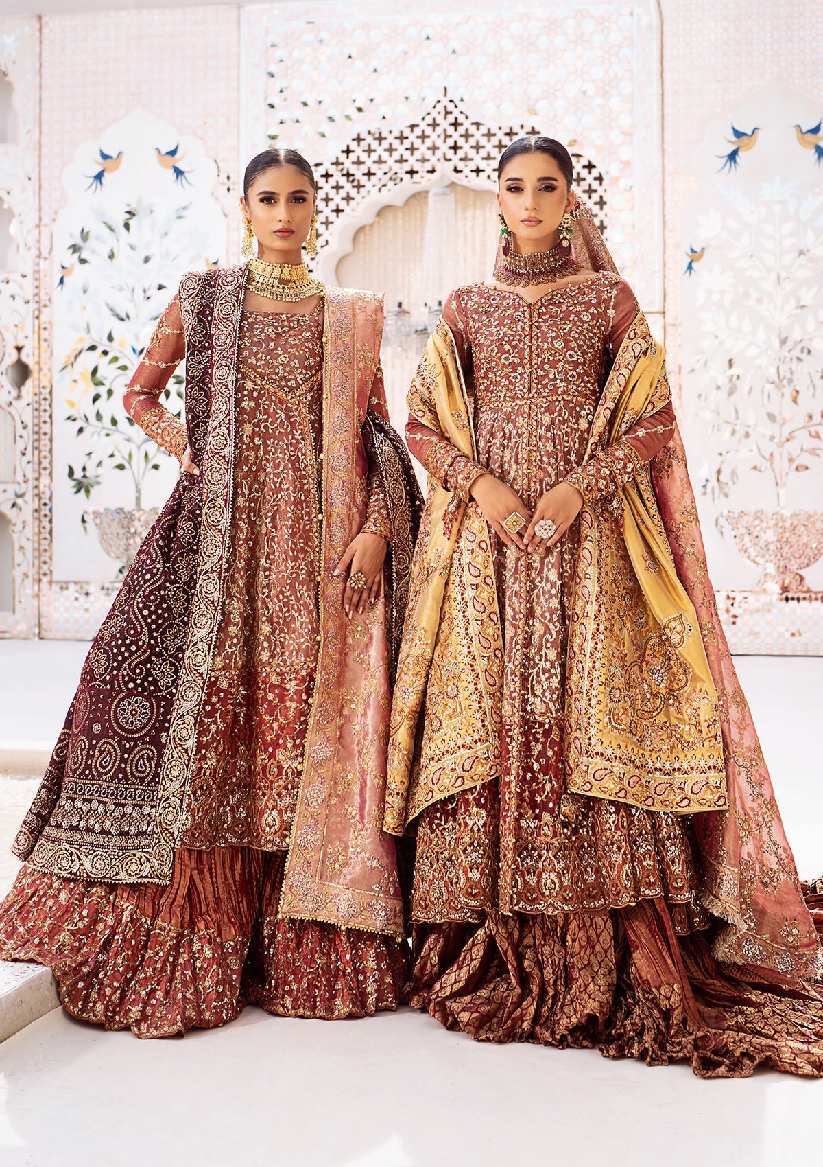 Graceful zari net ensemble with embellished bodice, organza borders, masoori silk pants, and an embroidered tissue dupatta. Styled as kalidaar frock with crushed farshi lehnga or angrakha with crushed sharara.