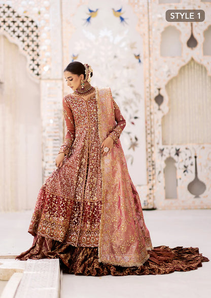 Graceful zari net ensemble with embellished bodice, organza borders, masoori silk pants, and an embroidered tissue dupatta. Styled as kalidaar frock with crushed farshi lehnga or angrakha with crushed sharara.