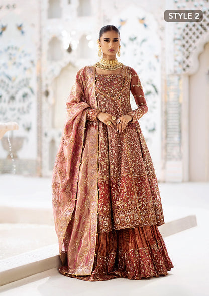 Graceful zari net ensemble with embellished bodice, organza borders, masoori silk pants, and an embroidered tissue dupatta. Styled as kalidaar frock with crushed farshi lehnga or angrakha with crushed sharara.