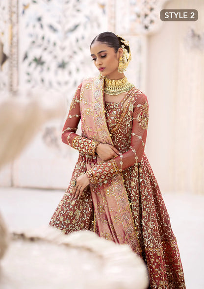 Graceful zari net ensemble with embellished bodice, organza borders, masoori silk pants, and an embroidered tissue dupatta. Styled as kalidaar frock with crushed farshi lehnga or angrakha with crushed sharara.