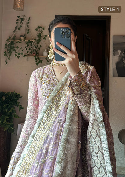 Luxury embroidered chiffon outfit with organza neckline, jamawaar pants and chiffon dupatta, styled as angrakha sharara or kalidaar crushed frock.!