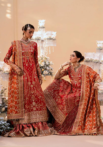 Elegant medium silk ensemble with rich embroidery, embellished borders, embroidered jamawaar pants, and a tissue dupatta. Styled as a long shirt with farshi gharara or crushed gharara for festive wear.