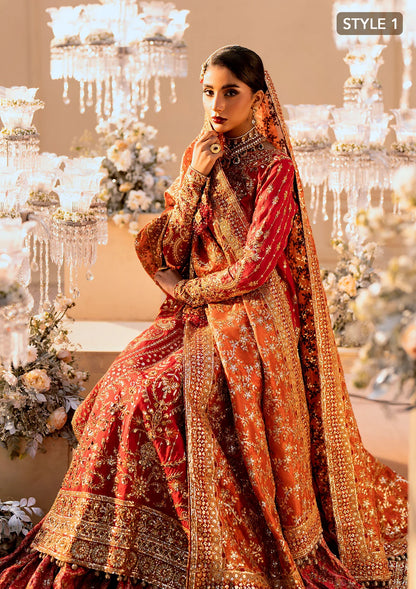 Elegant medium silk ensemble with rich embroidery, embellished borders, embroidered jamawaar pants, and a tissue dupatta. Styled as a long shirt with farshi gharara or crushed gharara for festive wear.