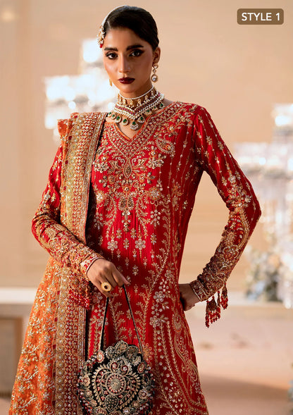 Elegant medium silk ensemble with rich embroidery, embellished borders, embroidered jamawaar pants, and a tissue dupatta. Styled as a long shirt with farshi gharara or crushed gharara for festive wear.