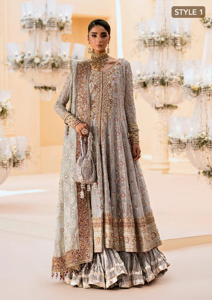 Graceful embroidered chiffon ensemble with organza neckline, silk and organza borders, jamawaar pants, and a chiffon dupatta. Styled as kalidar open front or angrakha sharara.