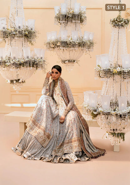 Graceful embroidered chiffon ensemble with organza neckline, silk and organza borders, jamawaar pants, and a chiffon dupatta. Styled as kalidar open front or angrakha sharara.