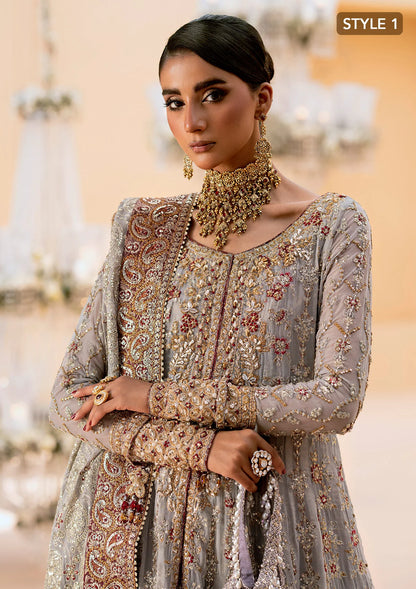 Graceful embroidered chiffon ensemble with organza neckline, silk and organza borders, jamawaar pants, and a chiffon dupatta. Styled as kalidar open front or angrakha sharara.