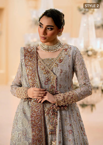 Graceful embroidered chiffon ensemble with organza neckline, silk and organza borders, jamawaar pants, and a chiffon dupatta. Styled as kalidar open front or angrakha sharara.