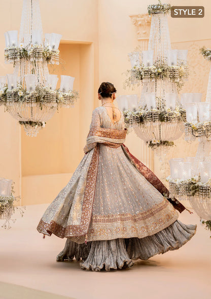 Graceful embroidered chiffon ensemble with organza neckline, silk and organza borders, jamawaar pants, and a chiffon dupatta. Styled as kalidar open front or angrakha sharara.