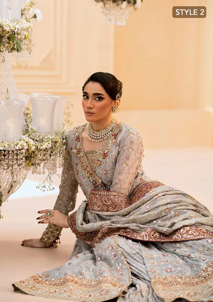 Graceful embroidered chiffon ensemble with organza neckline, silk and organza borders, jamawaar pants, and a chiffon dupatta. Styled as kalidar open front or angrakha sharara.