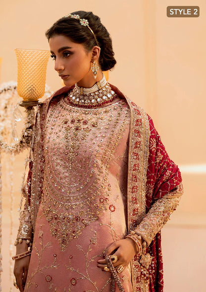 Elegant tissue ensemble with rich embroidery, embellished borders, jamawaar pants, and a silk dupatta. Styled as a long shirt with gharara or izaar pants.
