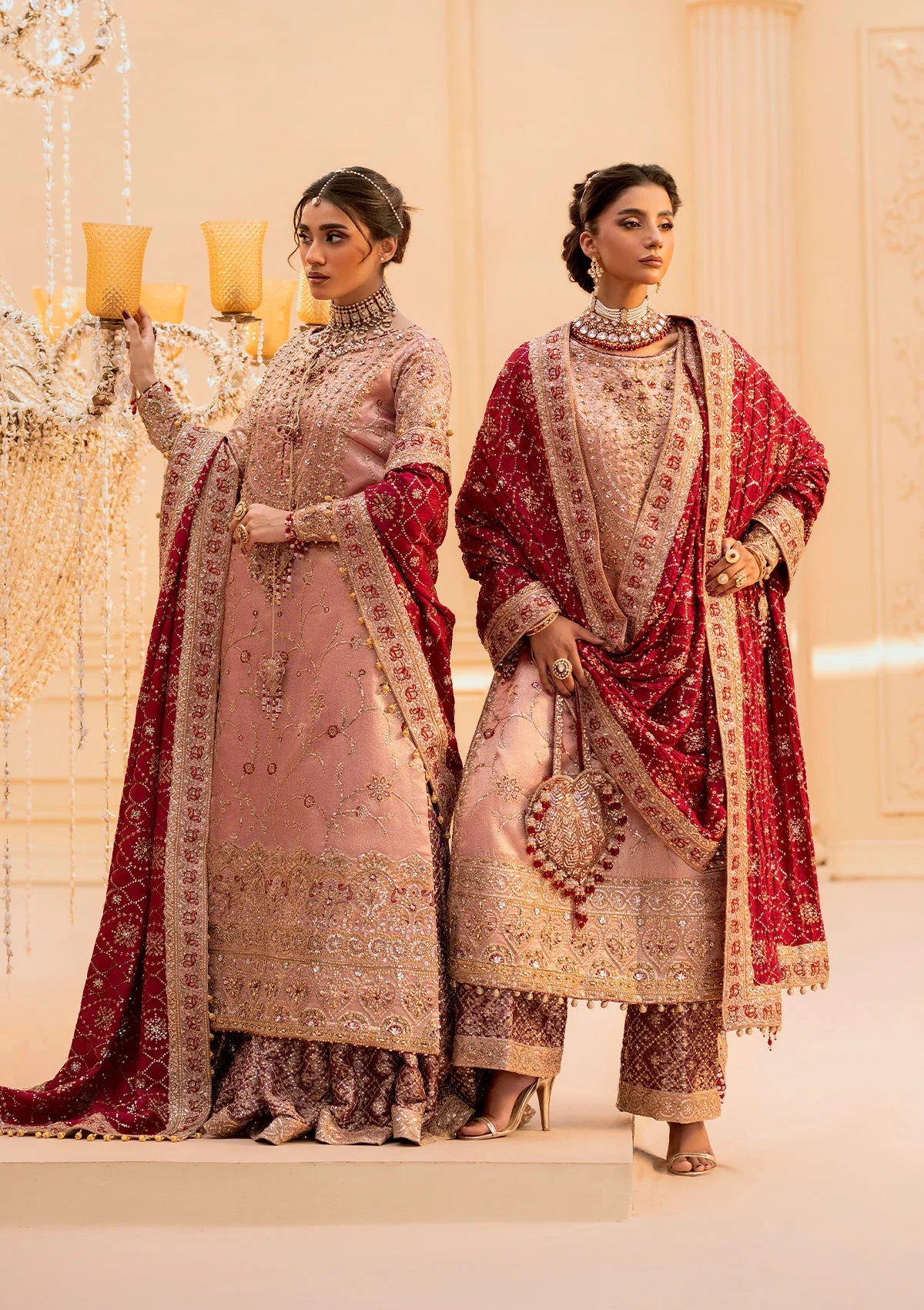 Elegant tissue ensemble with rich embroidery, embellished borders, jamawaar pants, and a silk dupatta. Styled as a long shirt with gharara or izaar pants.