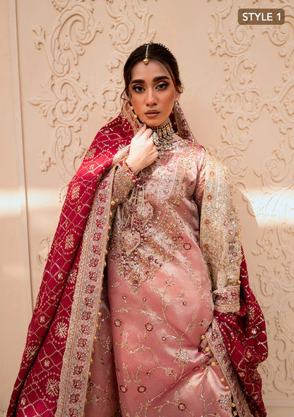 Elegant tissue ensemble with rich embroidery, embellished borders, jamawaar pants, and a silk dupatta. Styled as a long shirt with gharara or izaar pants.