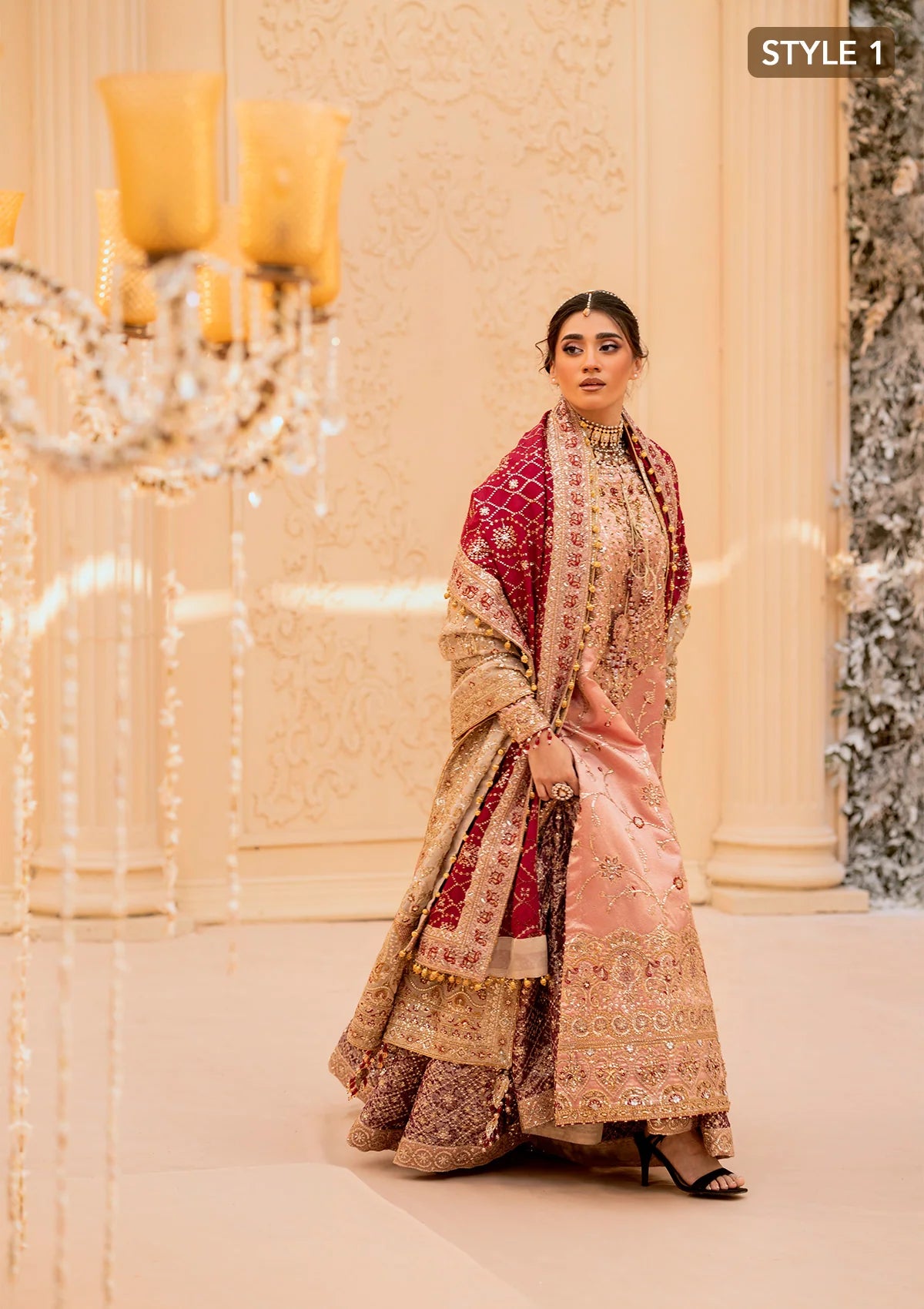 Elegant tissue ensemble with rich embroidery, embellished borders, jamawaar pants, and a silk dupatta. Styled as a long shirt with gharara or izaar pants.