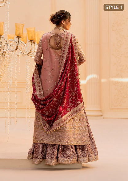Elegant tissue ensemble with rich embroidery, embellished borders, jamawaar pants, and a silk dupatta. Styled as a long shirt with gharara or izaar pants.