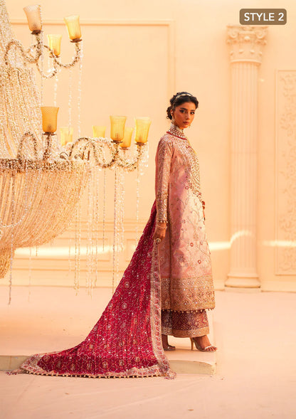 Elegant tissue ensemble with rich embroidery, embellished borders, jamawaar pants, and a silk dupatta. Styled as a long shirt with gharara or izaar pants.