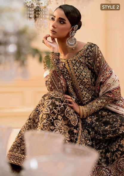 Luxurious organza ensemble with embellished front, intricate borders, jamawaar pants, embroidered net panels, and a tissue jaal dupatta. Styled as a long shirt with lehnga or gharara.