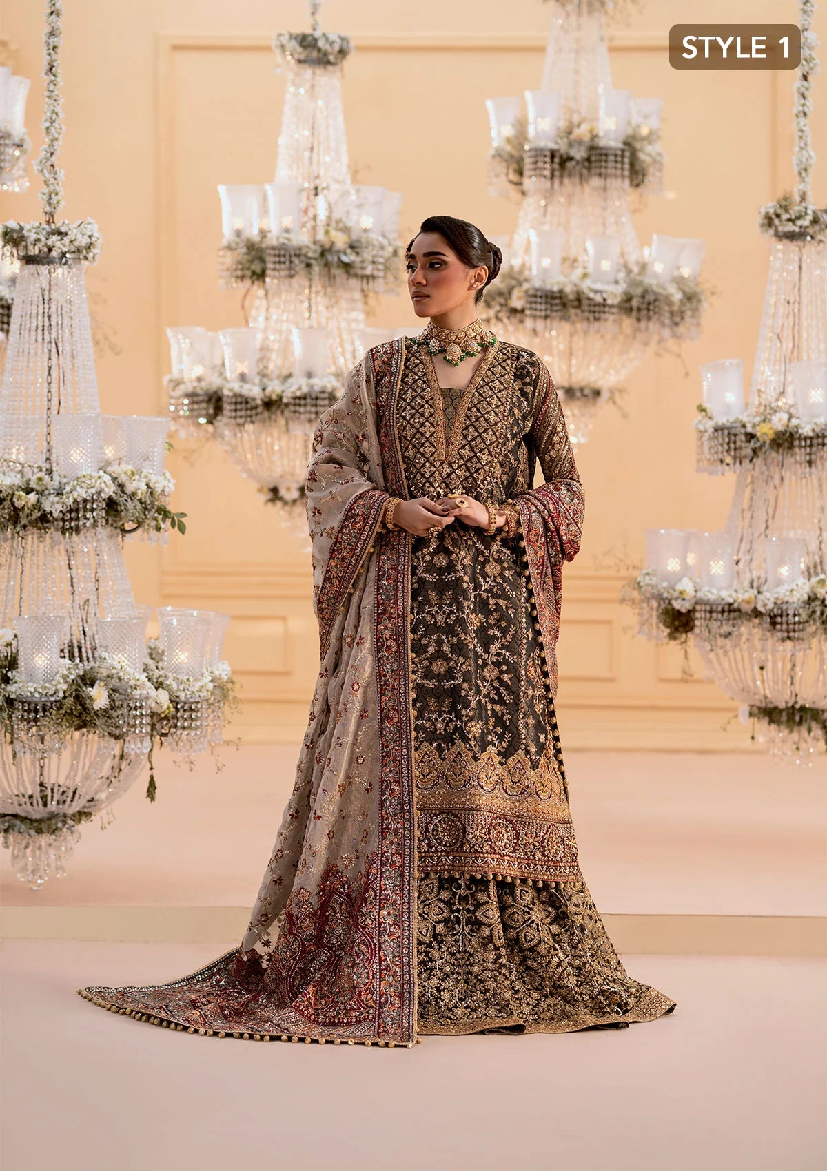 Luxurious organza ensemble with embellished front, intricate borders, jamawaar pants, embroidered net panels, and a tissue jaal dupatta. Styled as a long shirt with lehnga or gharara.