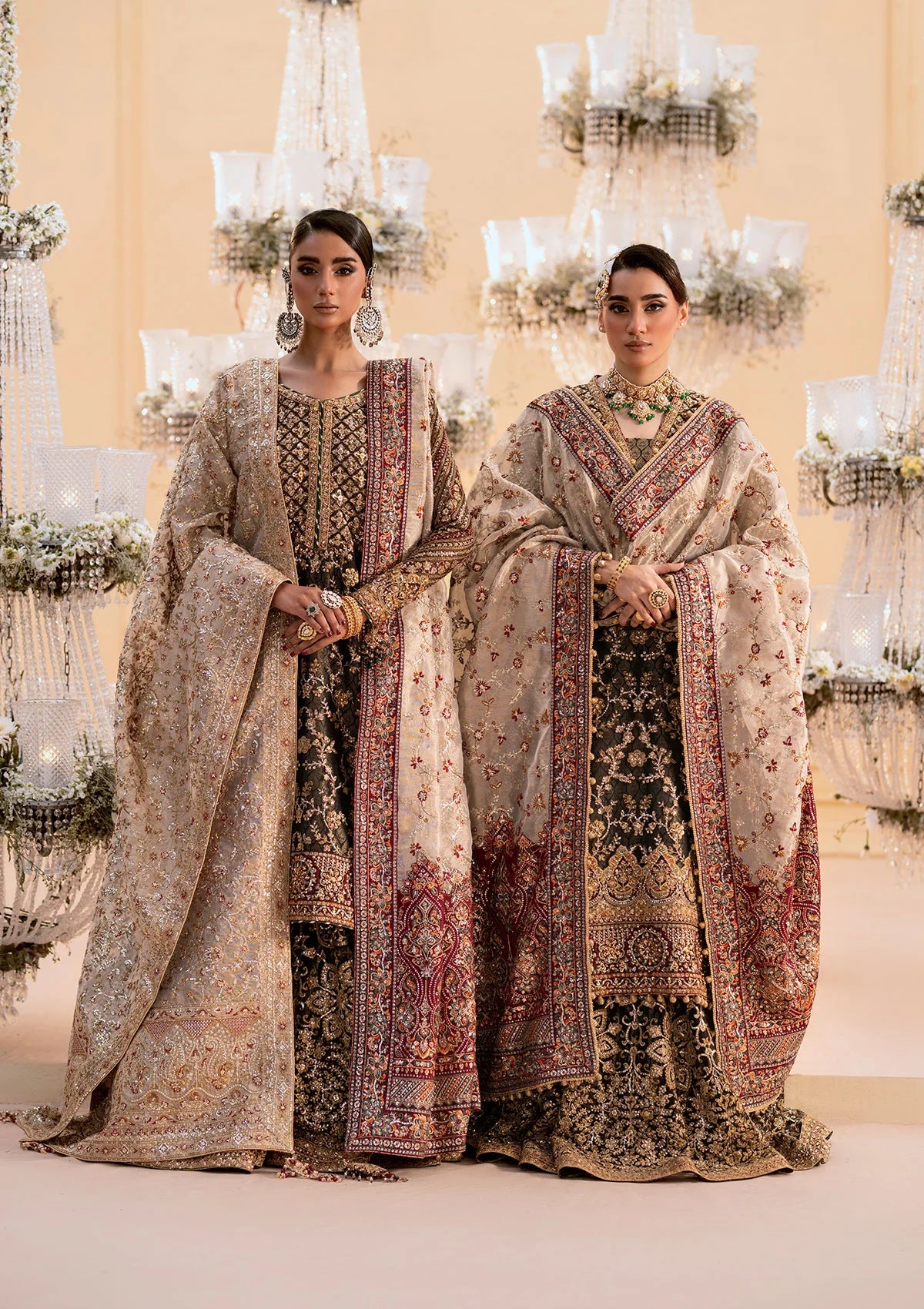 Luxurious organza ensemble with embellished front, intricate borders, jamawaar pants, embroidered net panels, and a tissue jaal dupatta. Styled as a long shirt with lehnga or gharara.