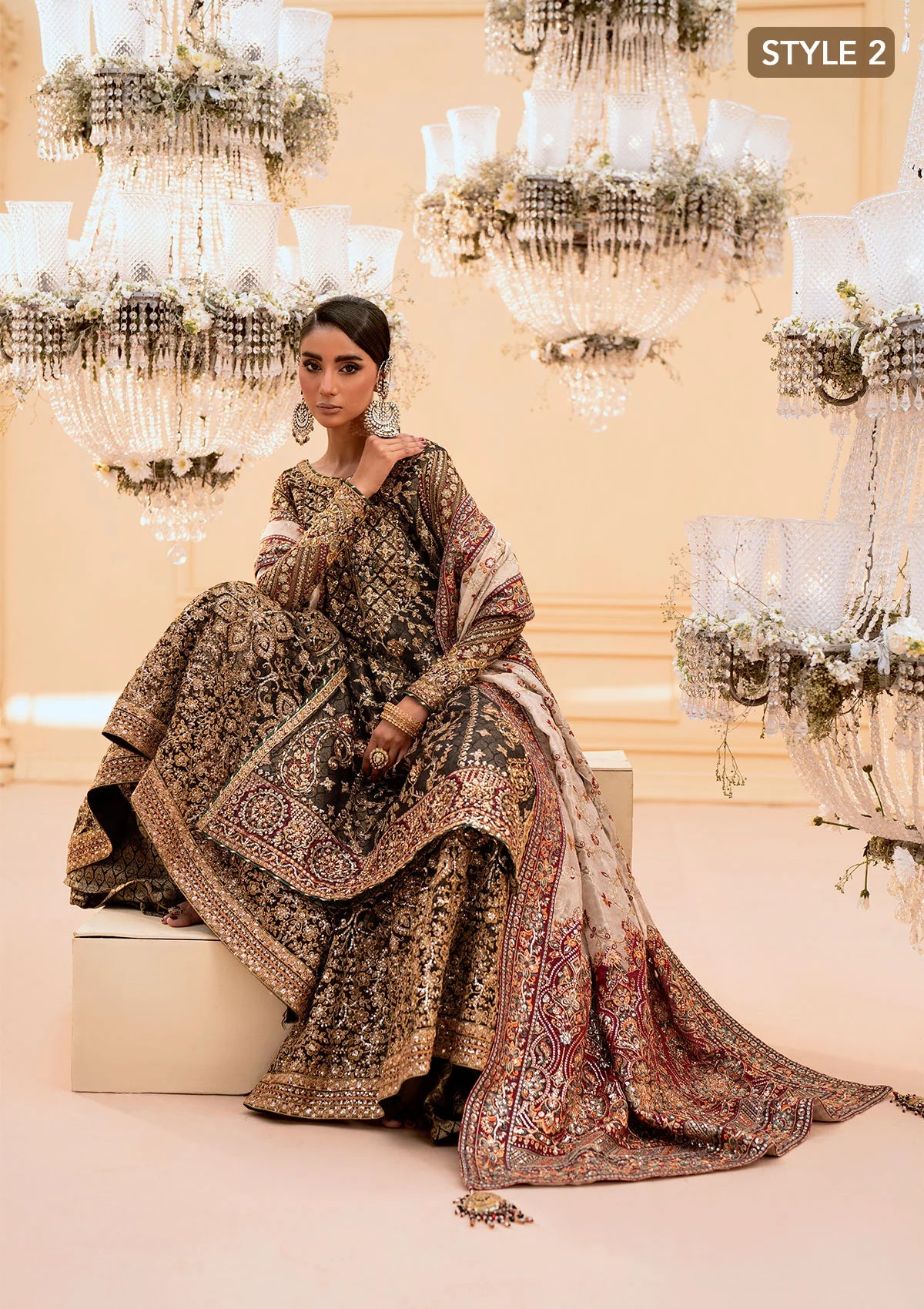 Luxurious organza ensemble with embellished front, intricate borders, jamawaar pants, embroidered net panels, and a tissue jaal dupatta. Styled as a long shirt with lehnga or gharara.