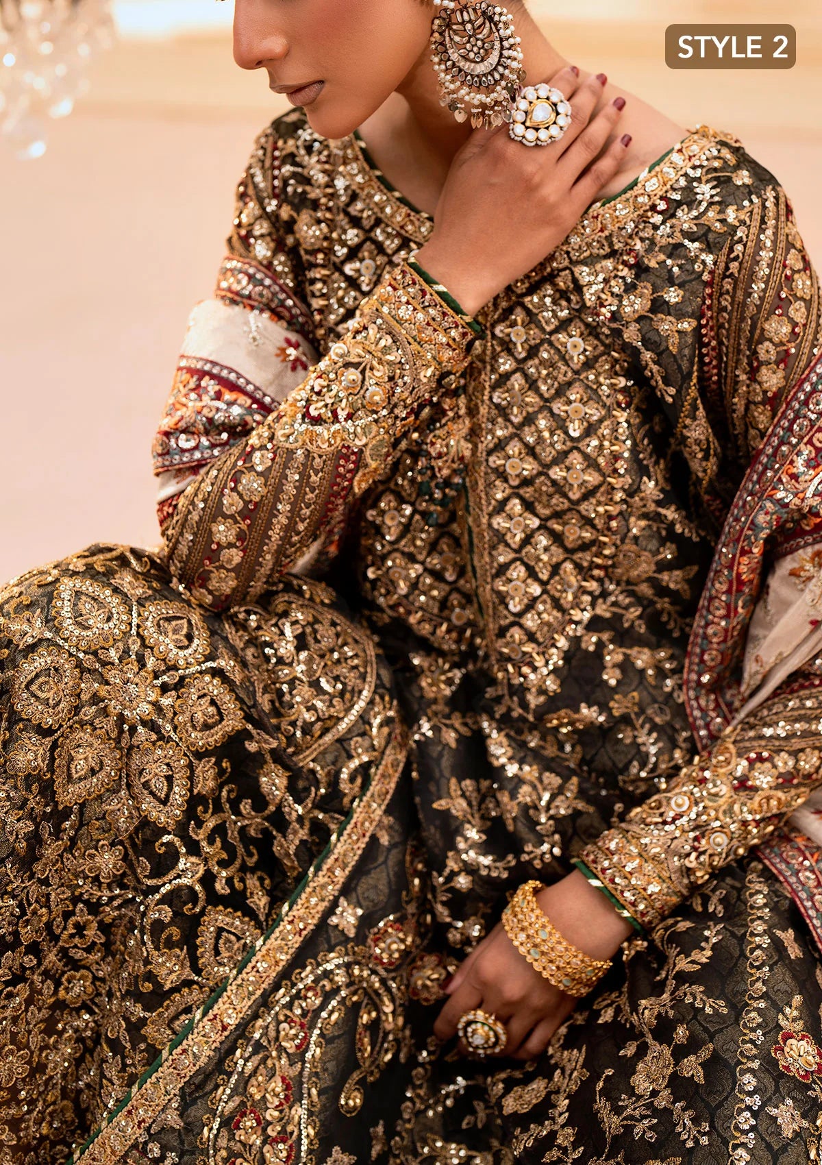 Luxurious organza ensemble with embellished front, intricate borders, jamawaar pants, embroidered net panels, and a tissue jaal dupatta. Styled as a long shirt with lehnga or gharara.