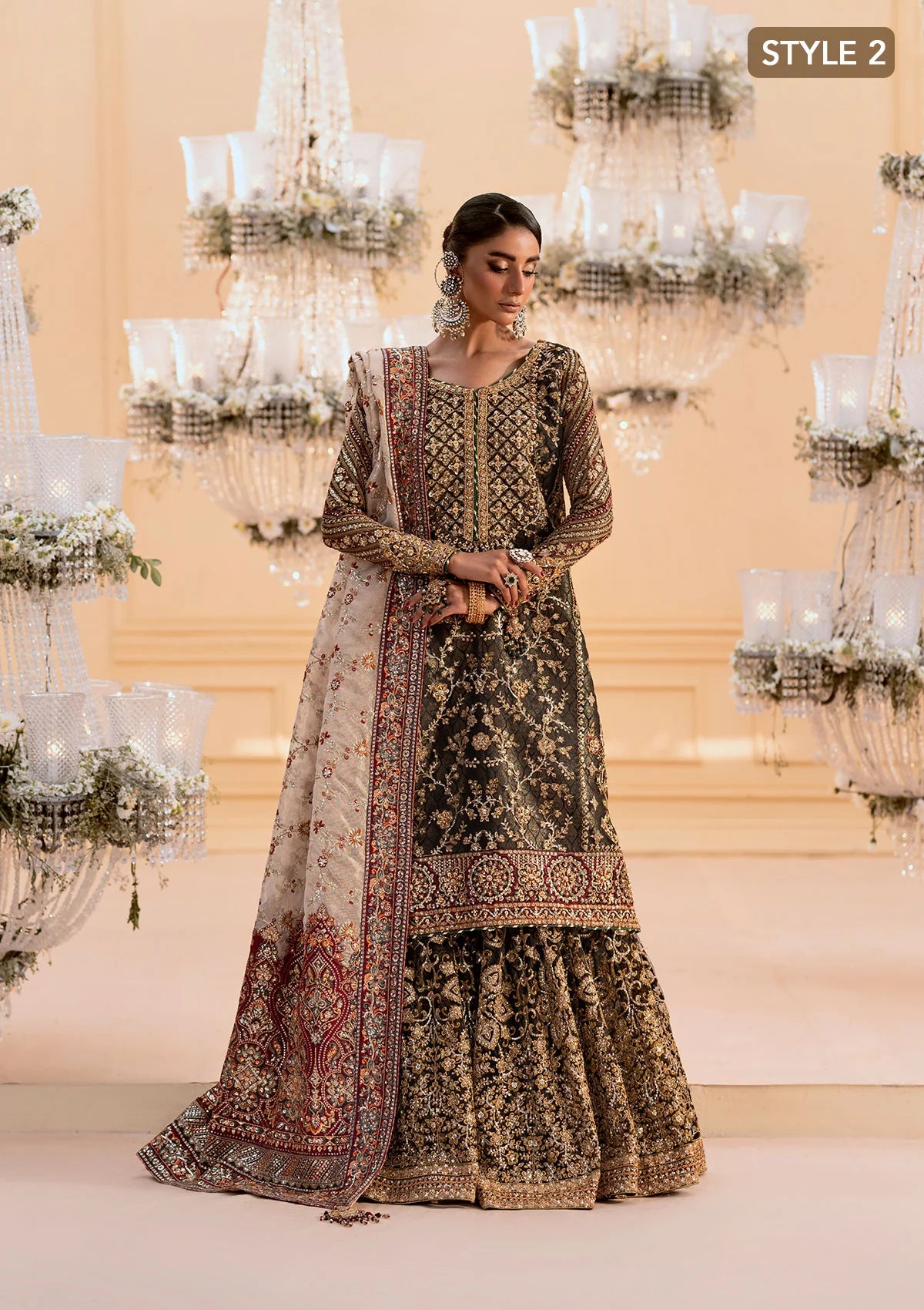 Luxurious organza ensemble with embellished front, intricate borders, jamawaar pants, embroidered net panels, and a tissue jaal dupatta. Styled as a long shirt with lehnga or gharara.