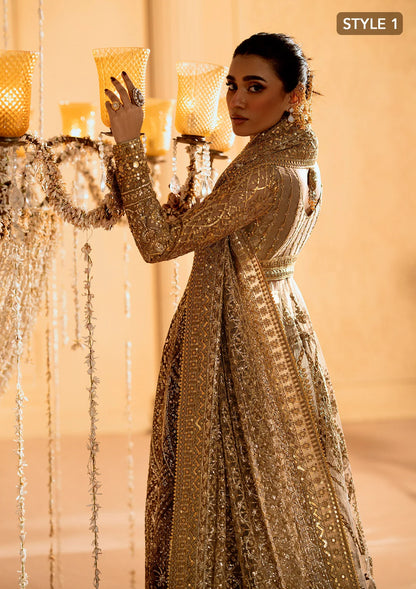 Exquisite embroidered net ensemble with embellished bodice, organza borders, jamawaar pants, and an embroidered net dupatta. Styled as kalidar with crushed skirt or kurti with lehnga.
