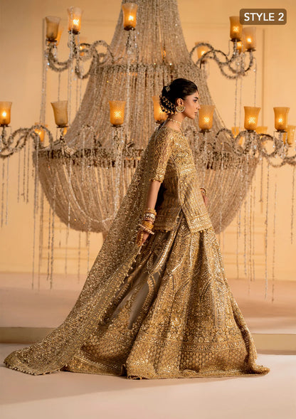 Exquisite embroidered net ensemble with embellished bodice, organza borders, jamawaar pants, and an embroidered net dupatta. Styled as kalidar with crushed skirt or kurti with lehnga.