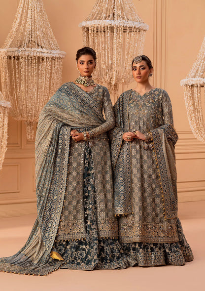 Elegant embroidered net ensemble with embellished bodice, organza borders, masoori silk pants, and a chiffon dupatta. Styled as a side-slit shirt with crushed frock or open-front shirt with skirt.