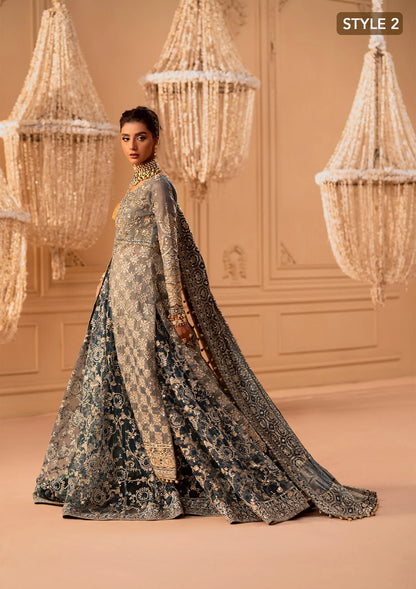 Elegant embroidered net ensemble with embellished bodice, organza borders, masoori silk pants, and a chiffon dupatta. Styled as a side-slit shirt with crushed frock or open-front shirt with skirt.