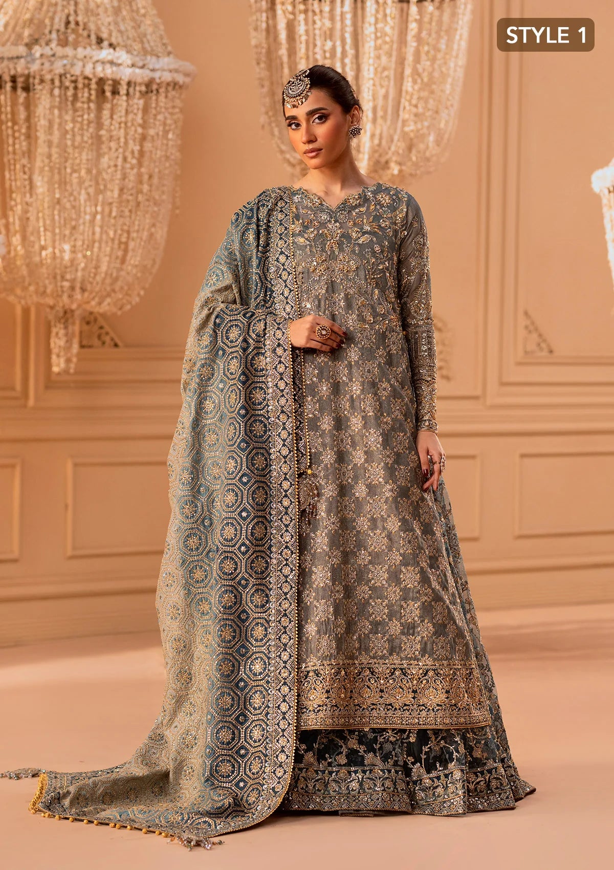 Elegant embroidered net ensemble with embellished bodice, organza borders, masoori silk pants, and a chiffon dupatta. Styled as a side-slit shirt with crushed frock or open-front shirt with skirt.