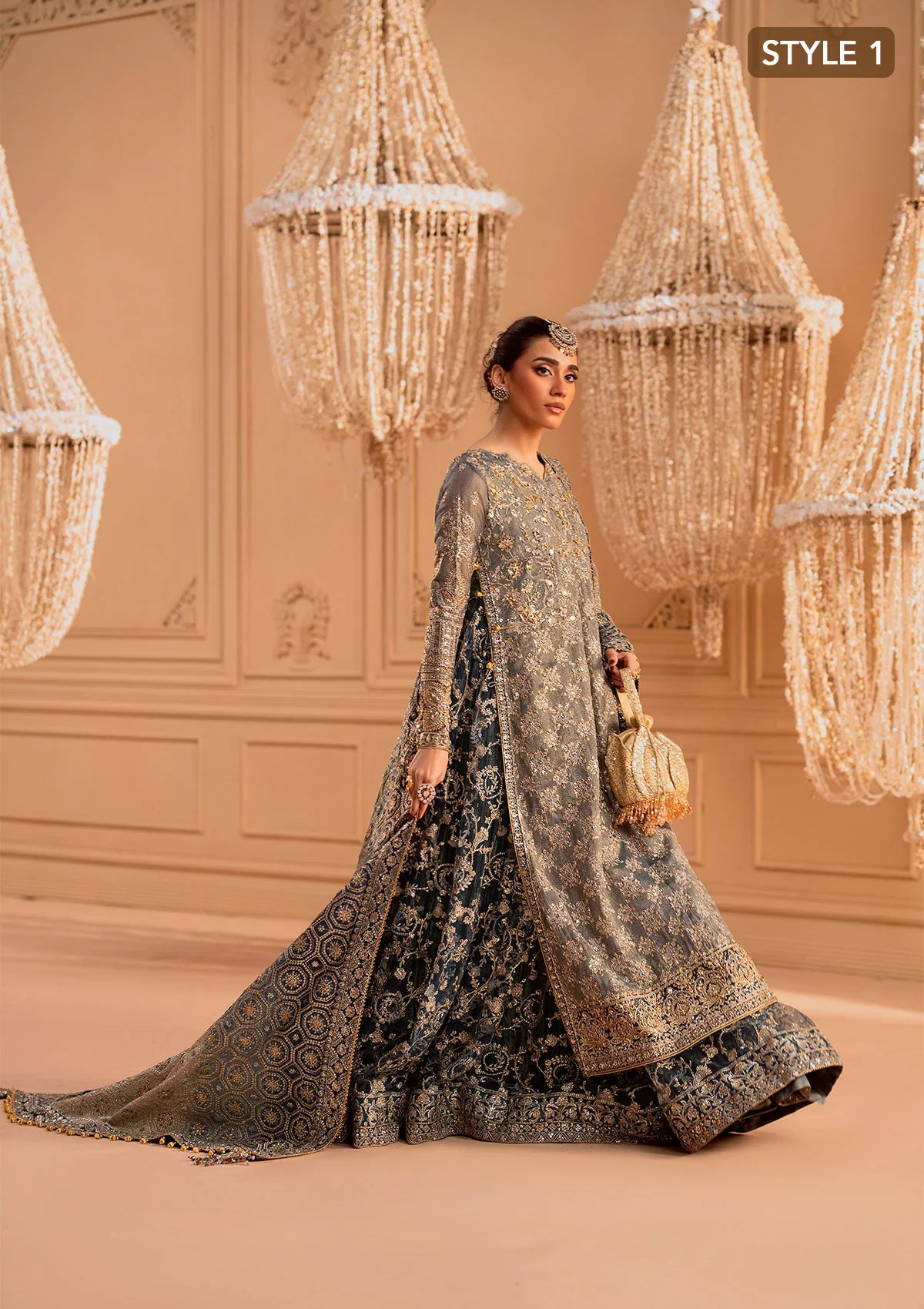 Elegant embroidered net ensemble with embellished bodice, organza borders, masoori silk pants, and a chiffon dupatta. Styled as a side-slit shirt with crushed frock or open-front shirt with skirt.