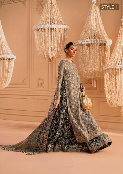 Elegant embroidered net ensemble with embellished bodice, organza borders, masoori silk pants, and a chiffon dupatta. Styled as a side-slit shirt with crushed frock or open-front shirt with skirt.