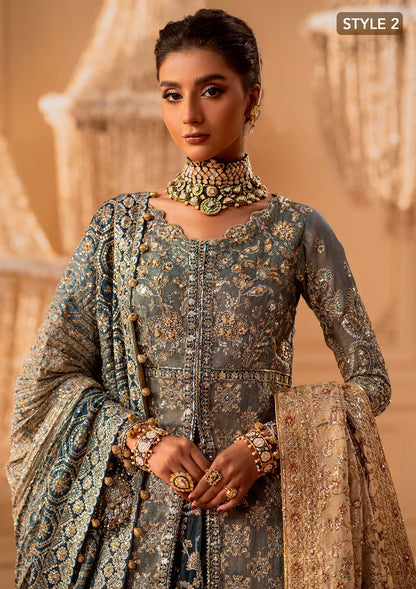 Elegant embroidered net ensemble with embellished bodice, organza borders, masoori silk pants, and a chiffon dupatta. Styled as a side-slit shirt with crushed frock or open-front shirt with skirt.