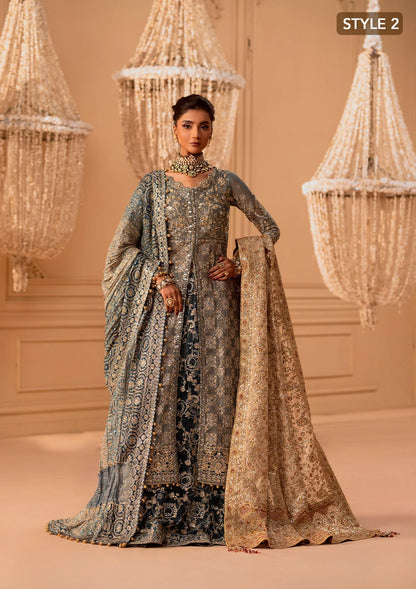 Elegant embroidered net ensemble with embellished bodice, organza borders, masoori silk pants, and a chiffon dupatta. Styled as a side-slit shirt with crushed frock or open-front shirt with skirt.