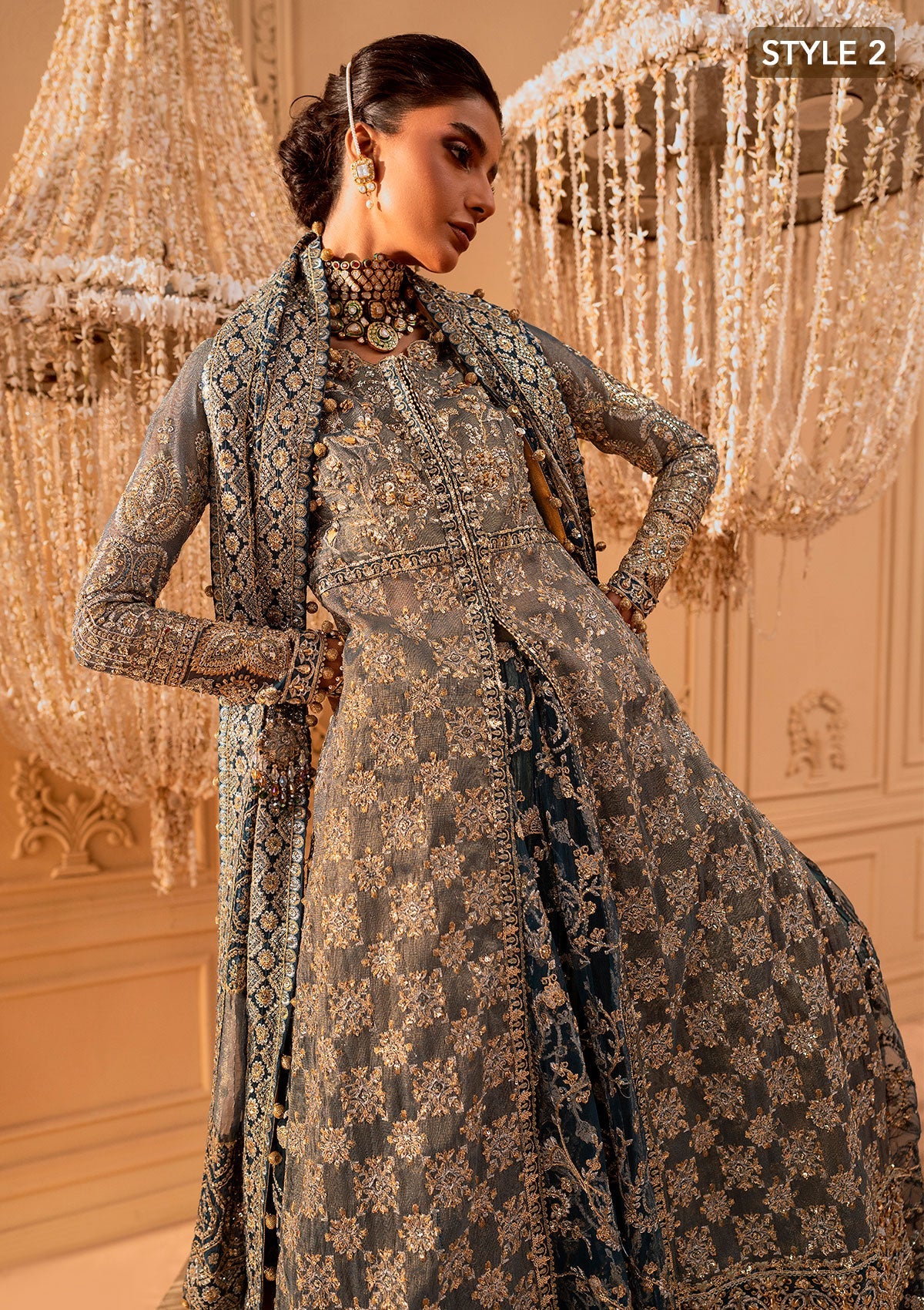 Elegant embroidered net ensemble with embellished bodice, organza borders, masoori silk pants, and a chiffon dupatta. Styled as a side-slit shirt with crushed frock or open-front shirt with skirt.