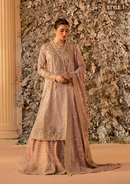 Elegant khaadi net ensemble with embellished organza neckline, detailed borders, masoori silk pants, and chiffon dupatta. Styled as angrakha with gharara or side-slit long shirt with crushed frock.